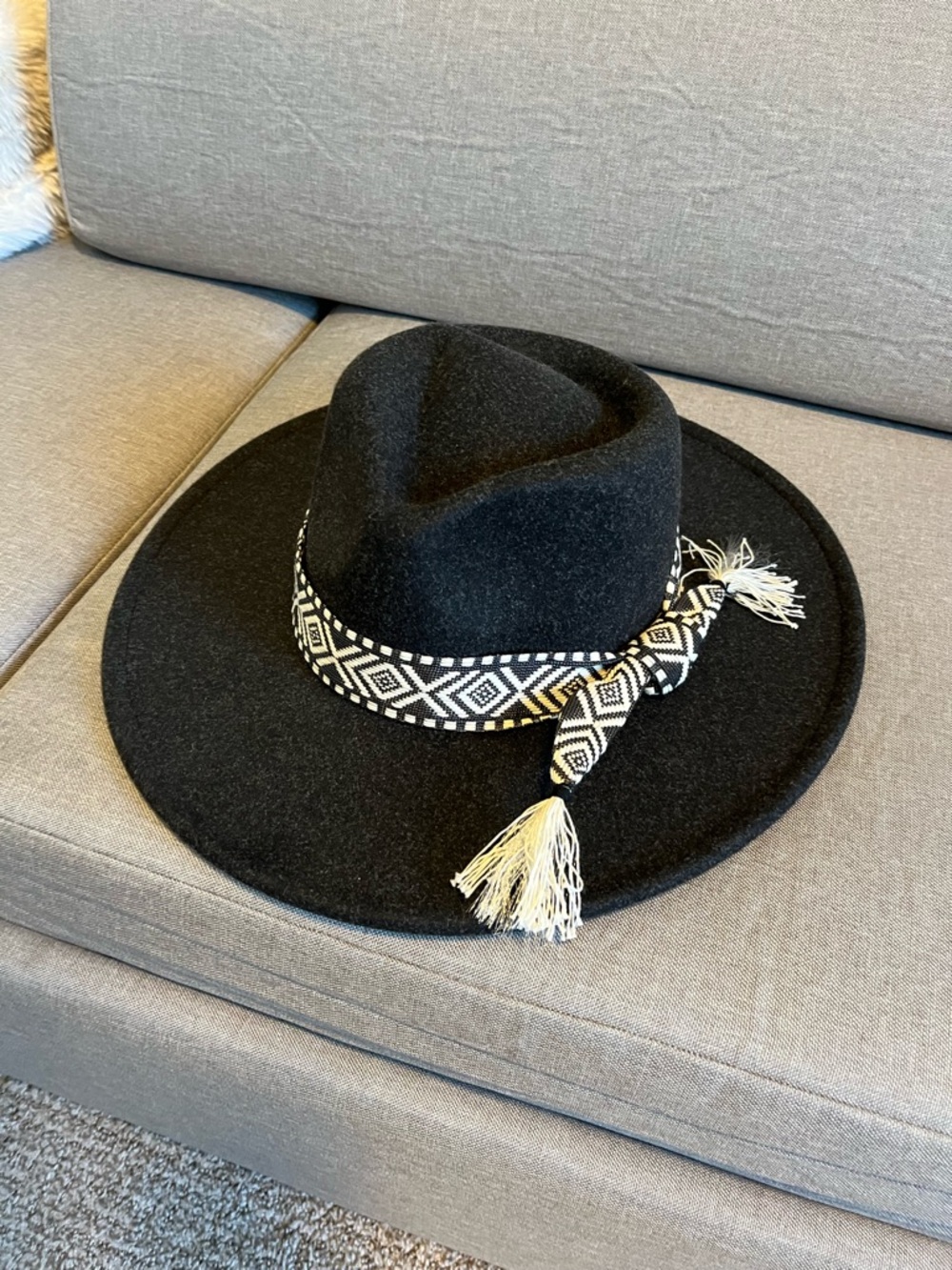 Black Wide-Brim Fedora Hat with Patterned Tassel Band